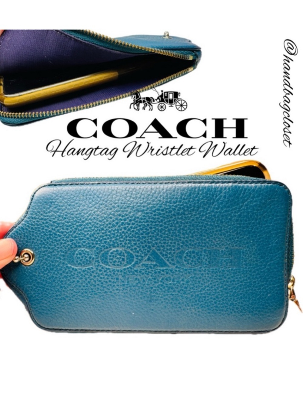 COACH HANGTAG WRISTLET MULTIFUNCTION CASE ILEATHER F52390 TEAL BLUE GREEN WALLET